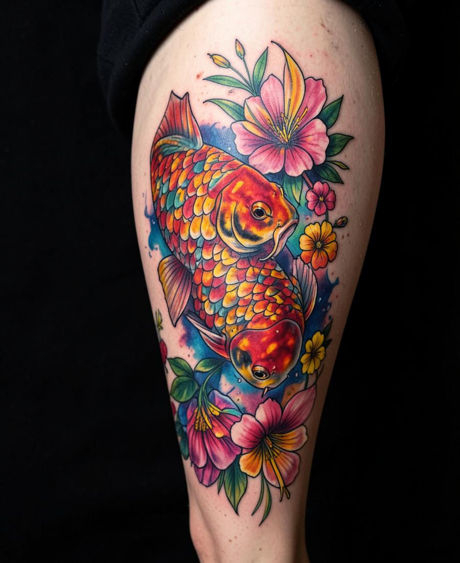 Tatuaje a color de pez koi y flores