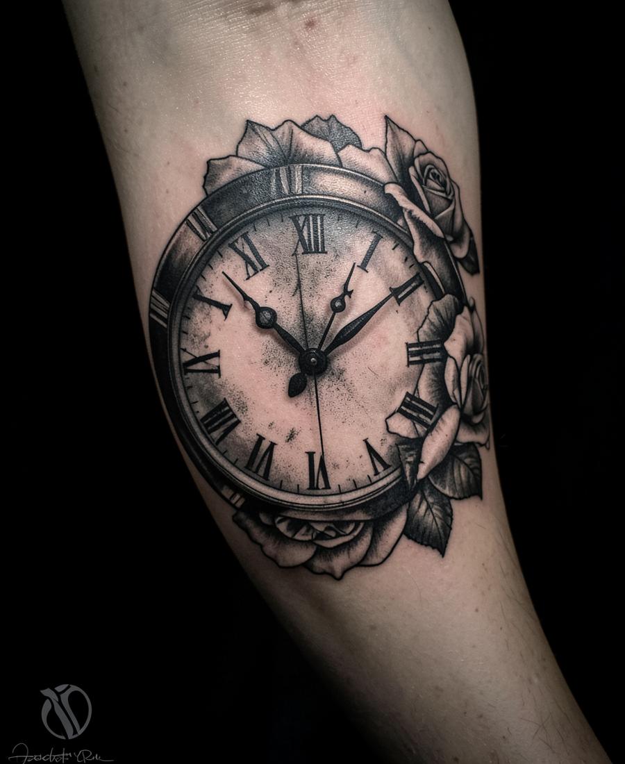 Reloj y rosas en negro y gris en el antebrazo